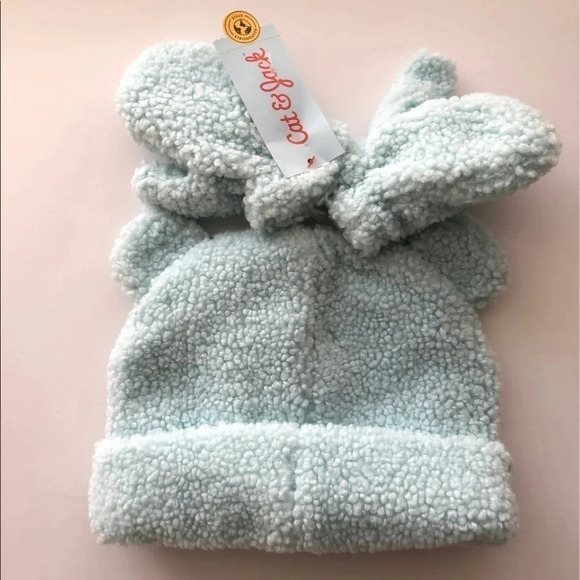 New Cat and Jack 12-24 months teal blue beanie hat and mittens set fleece - Picture 1 of 4